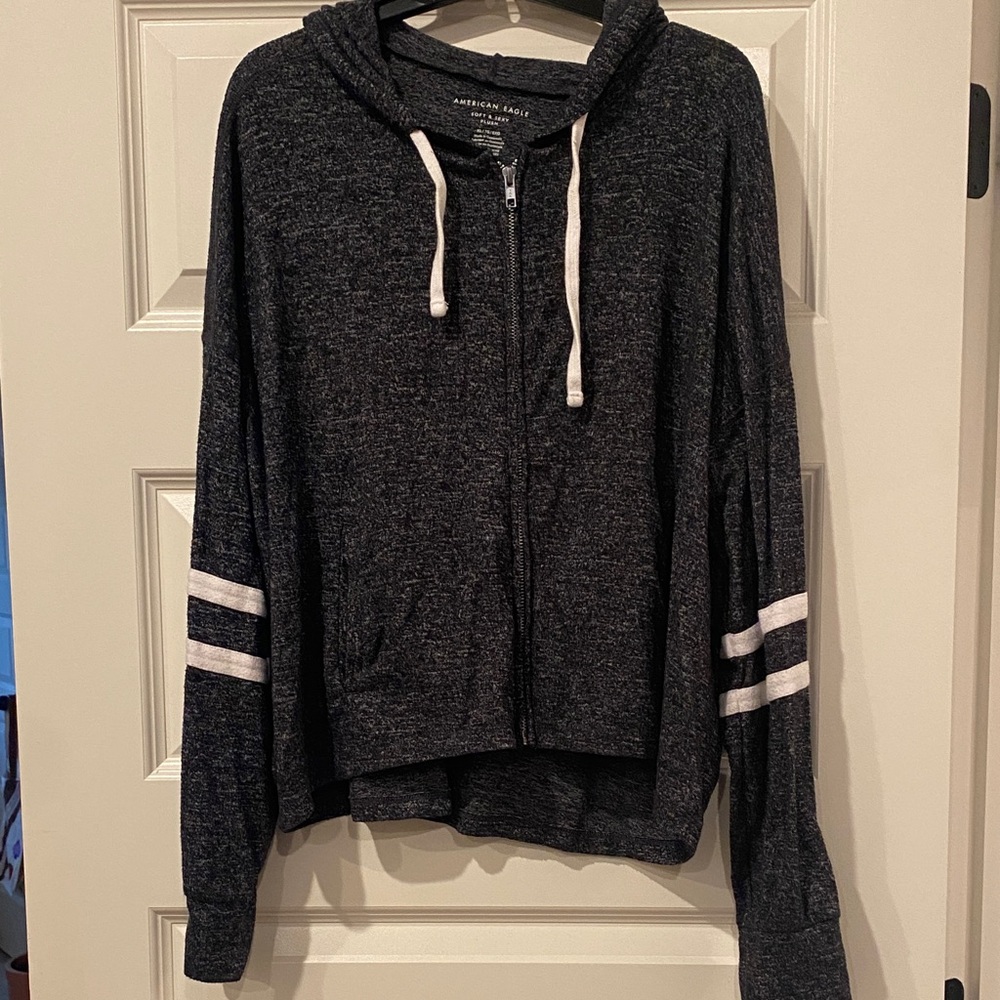 American Eagle Outfitters Charcoal Hoodie with White Stripes